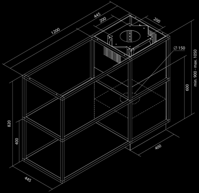 Erdvinis gartraukis Quadro Cage Asymmetric Glass Black Matt - Juoda matinė - Rysunek techniczny