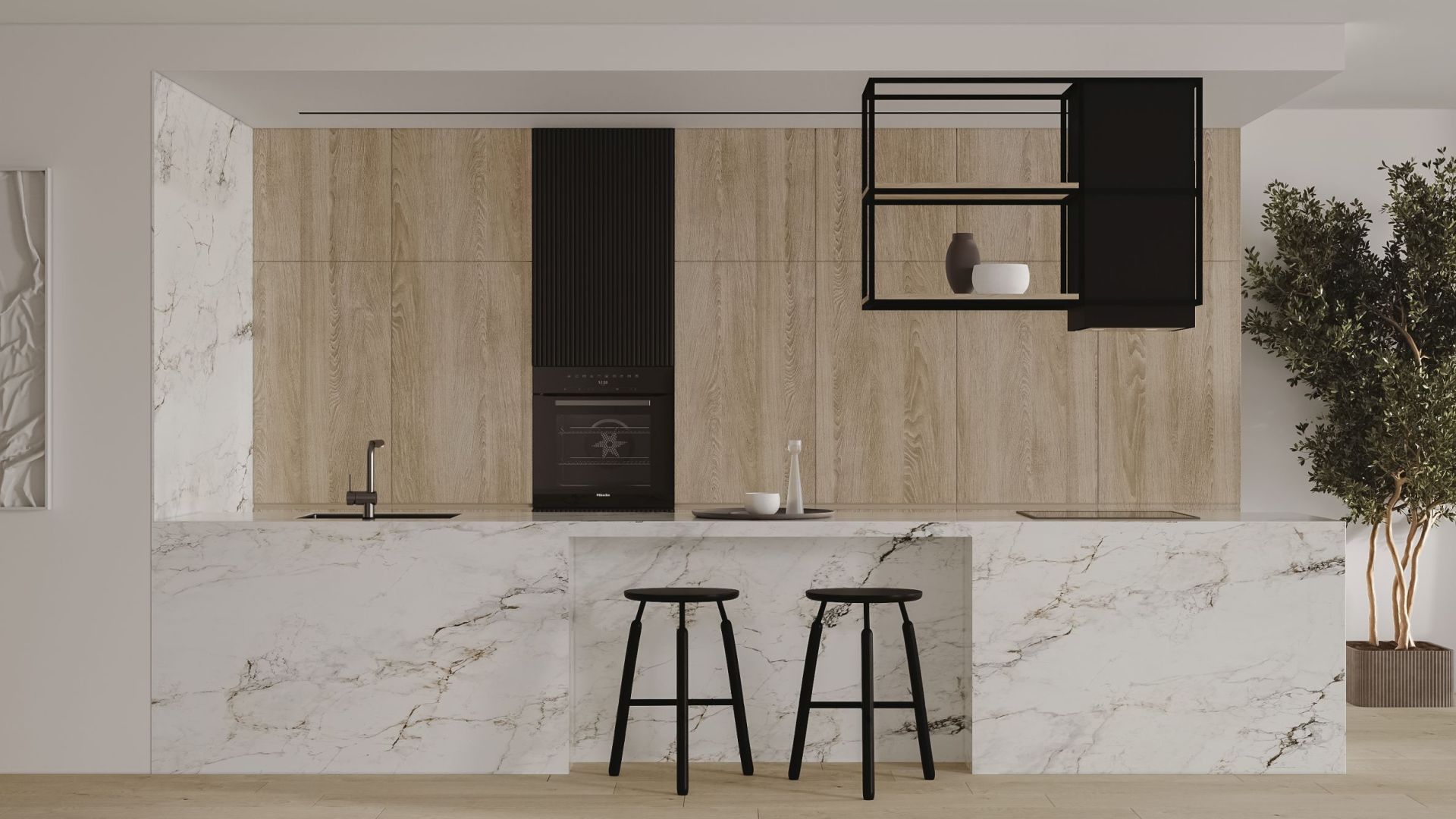 Erdvinis gartraukis Quadro Cage Asymmetric Wood Black Matt - Juoda matinė - Wizualizacja