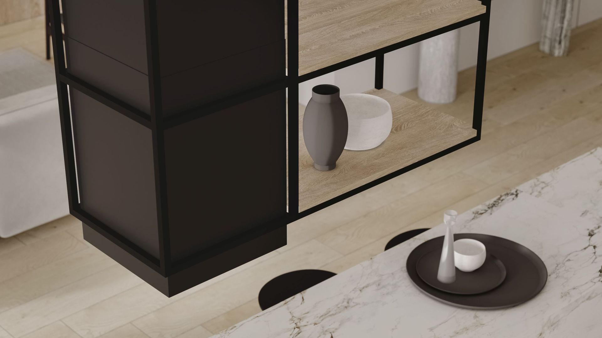 Erdvinis gartraukis Quadro Cage Asymmetric Wood Black Matt - Juoda matinė - Wizualizacja 2